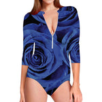 Royal Blue Rose Print Long Sleeve Swimsuit