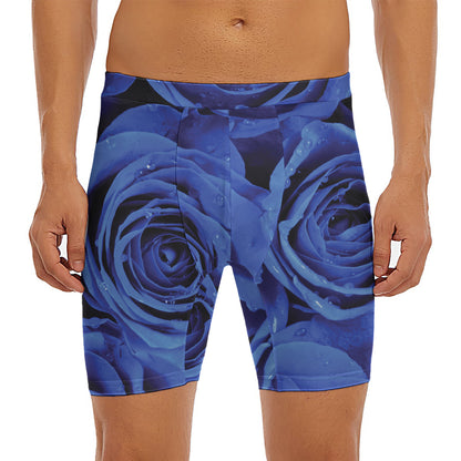 Royal Blue Rose Print Men's Long Boxer Briefs