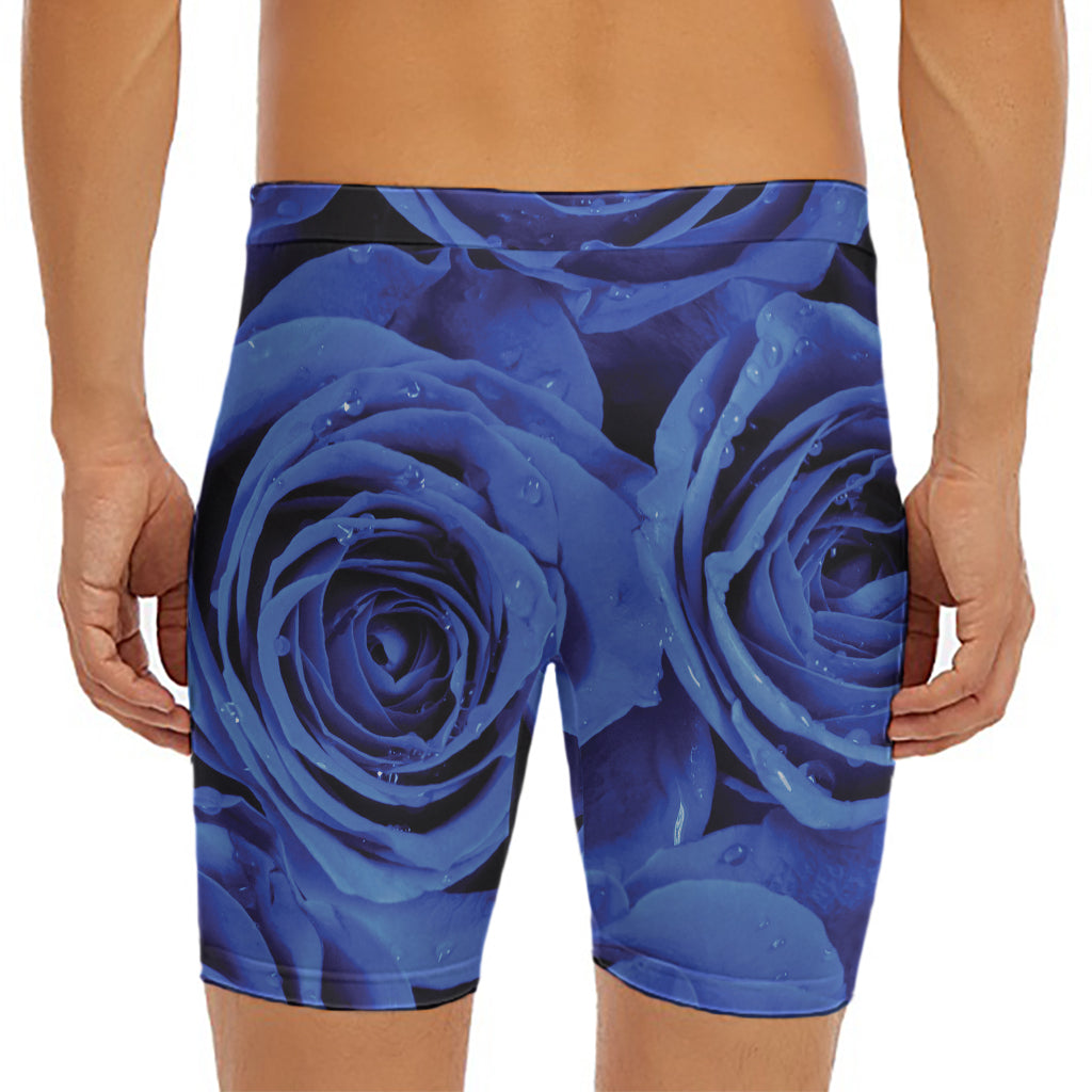 Royal Blue Rose Print Men's Long Boxer Briefs