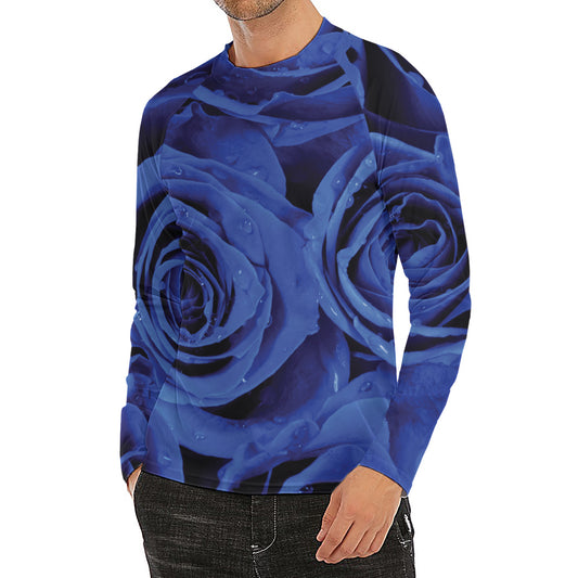 Royal Blue Rose Print Men's Long Sleeve Rash Guard