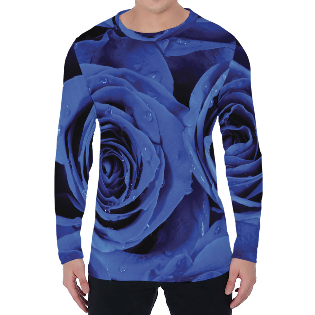 Royal Blue Rose Print Men's Long Sleeve T-Shirt