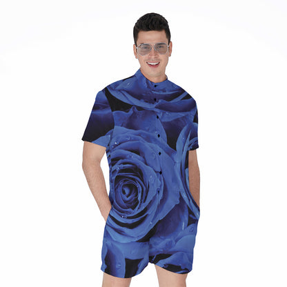 Royal Blue Rose Print Men's Rompers