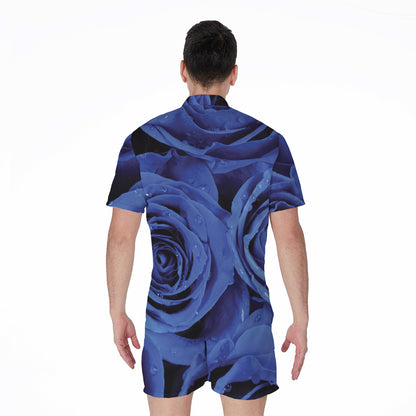 Royal Blue Rose Print Men's Rompers