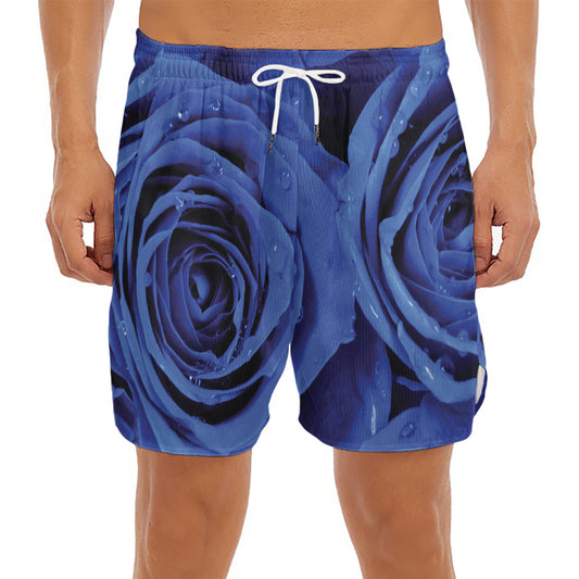 Royal Blue Rose Print Men's Split Running Shorts