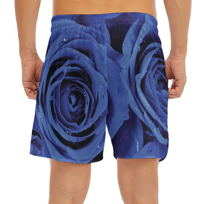 Royal Blue Rose Print Men's Split Running Shorts