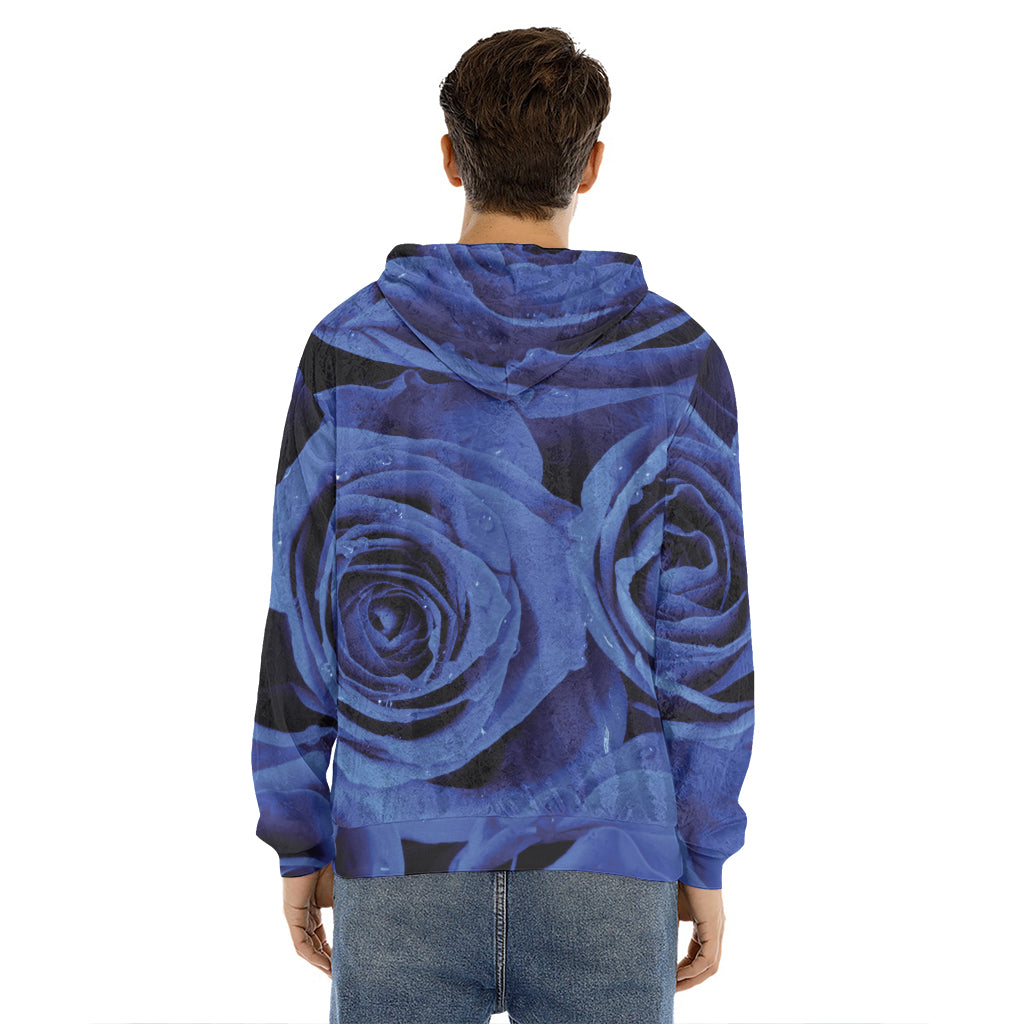 Royal Blue Rose Print Men's Velvet Pullover Hoodie