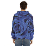 Royal Blue Rose Print Men's Velvet Pullover Hoodie