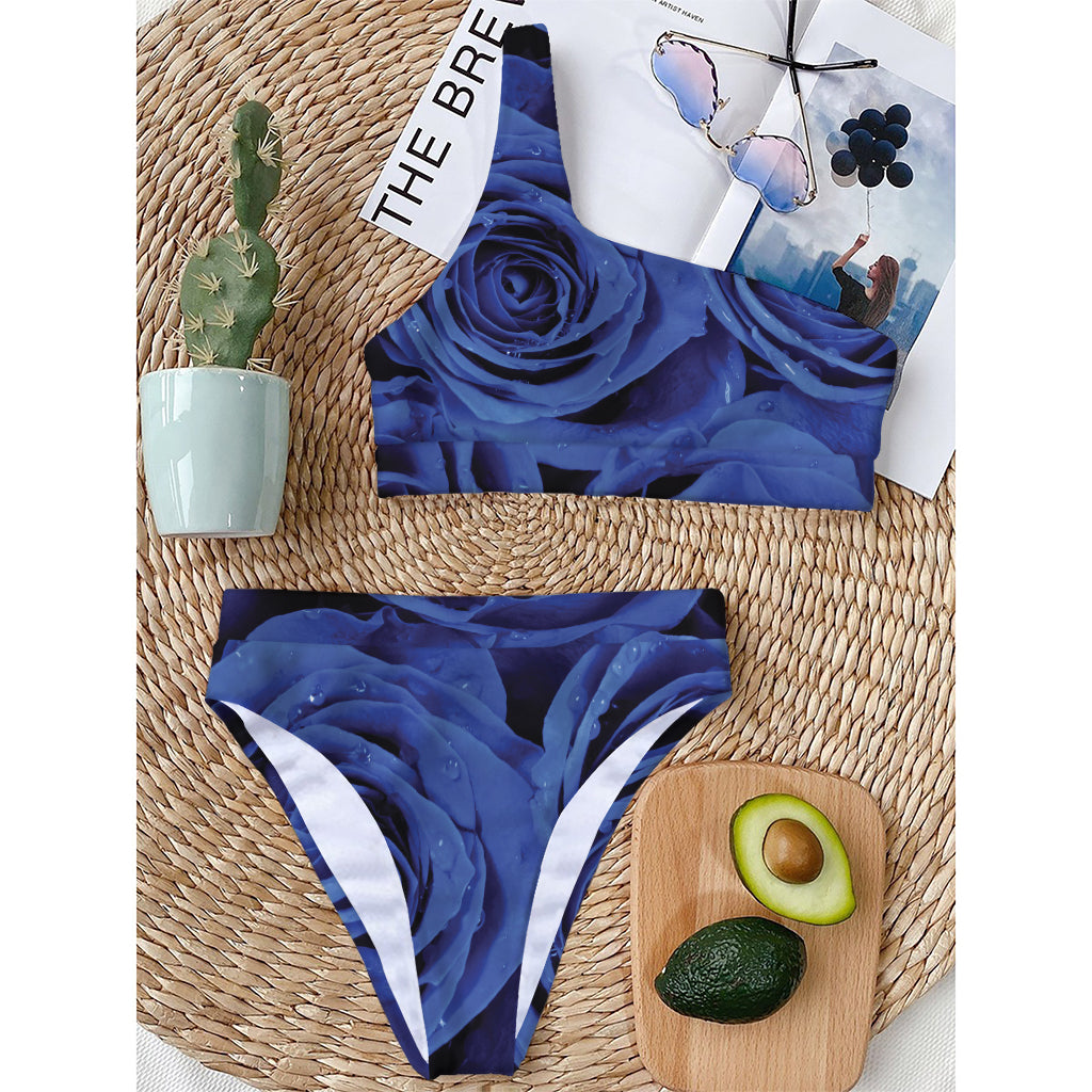 Royal Blue Rose Print One Shoulder Bikini Top