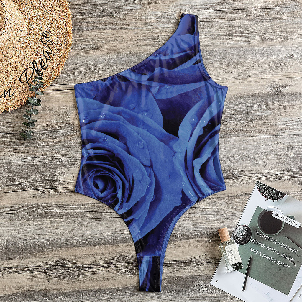 Royal Blue Rose Print One Shoulder Bodysuit