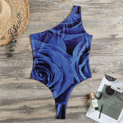 Royal Blue Rose Print One Shoulder Bodysuit