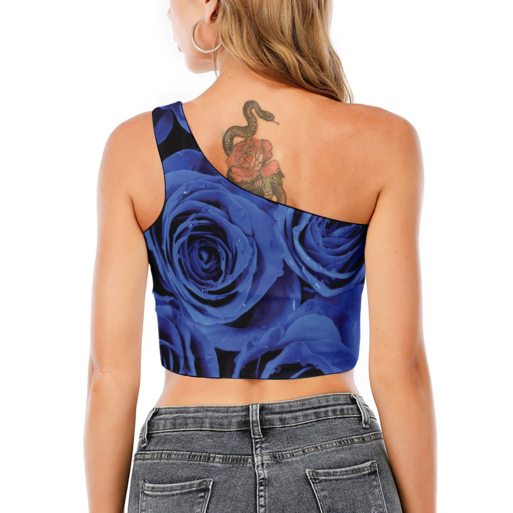 Royal Blue Rose Print One Shoulder Crop Top