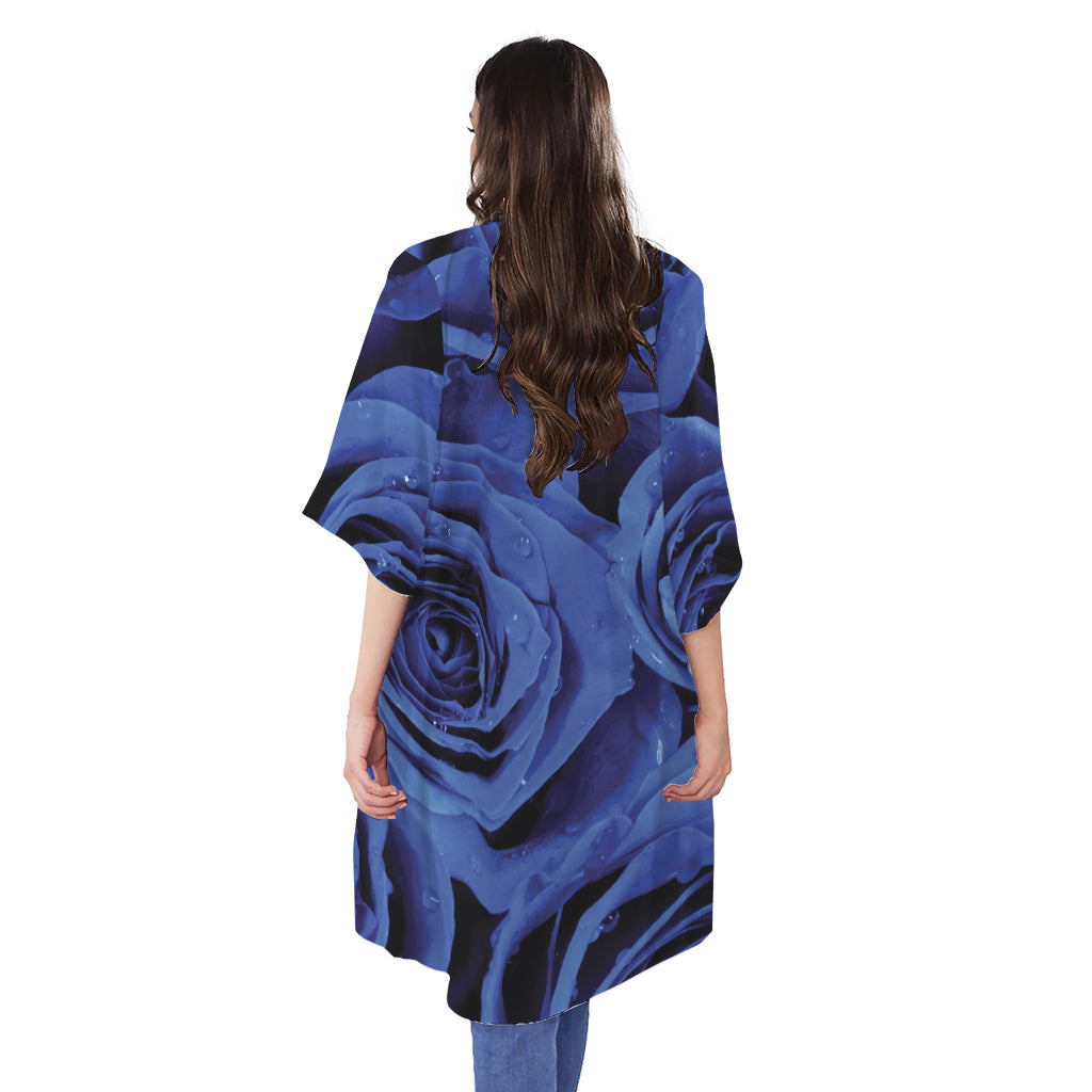 Royal Blue Rose Print Open Front Beach Cover Up