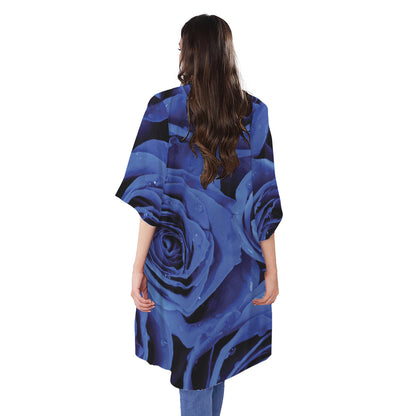Royal Blue Rose Print Open Front Beach Cover Up
