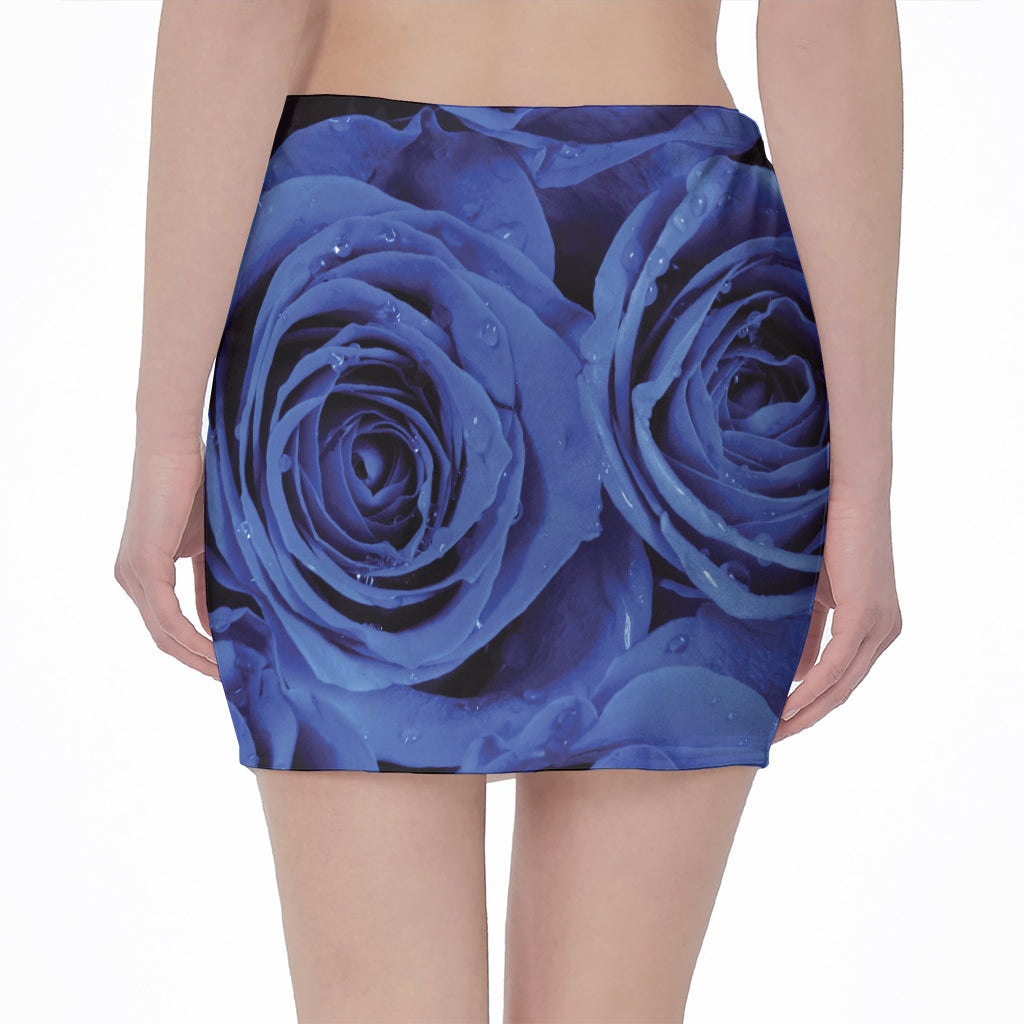 Royal Blue Rose Print Pencil Mini Skirt