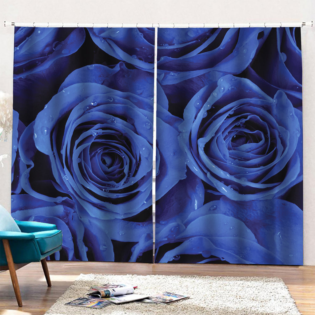 Royal Blue Rose Print Pencil Pleat Curtains