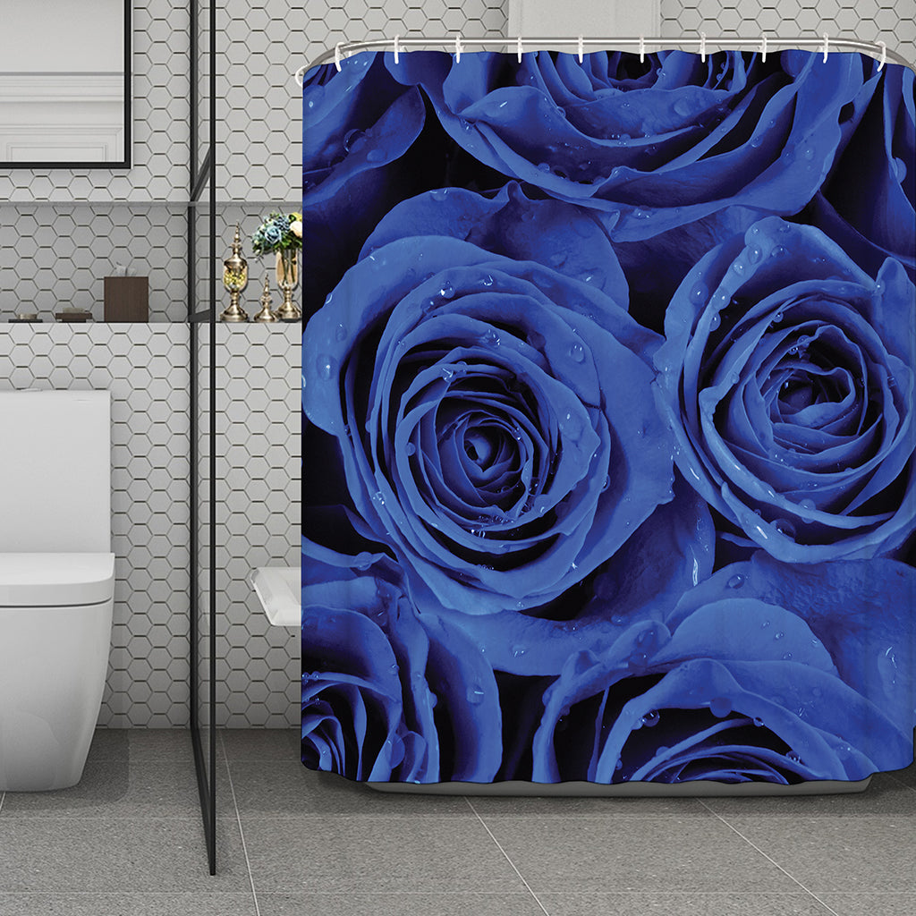 Royal Blue Rose Print Polyester Shower Curtain