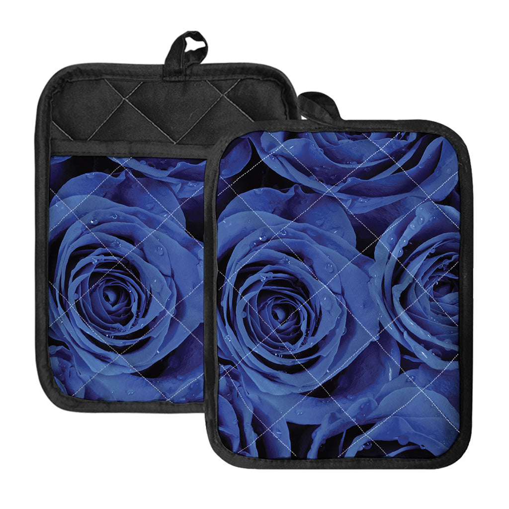 Royal Blue Rose Print Pot Holders With Pocket