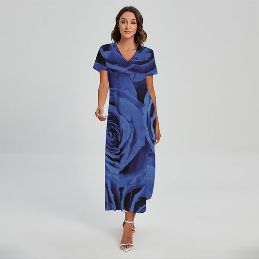 Royal Blue Rose Print Short Sleeve Maxi Dress