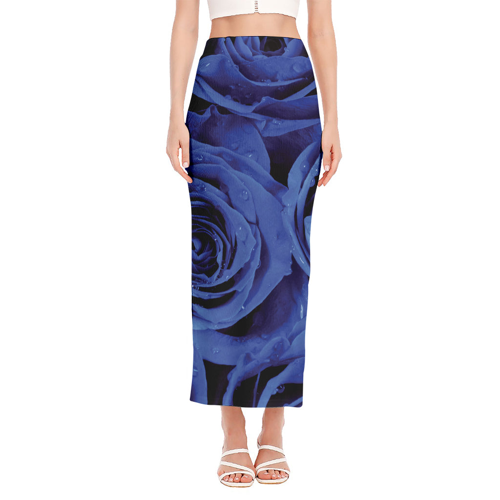 Royal Blue Rose Print Side Slit Maxi Skirt