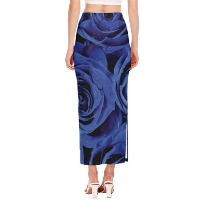 Royal Blue Rose Print Side Slit Maxi Skirt