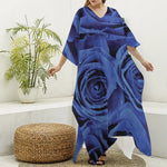 Royal Blue Rose Print Silk V-Neck Kaftan Dress