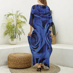 Royal Blue Rose Print Silk V-Neck Kaftan Dress