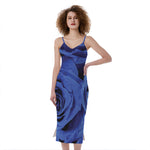 Royal Blue Rose Print Slim Fit Midi Cami Dress