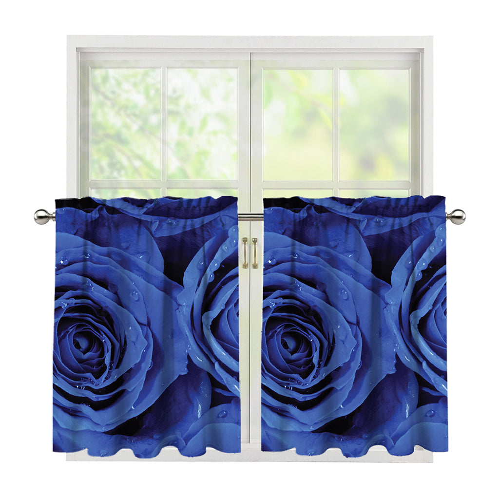 Royal Blue Rose Print Tier Curtains