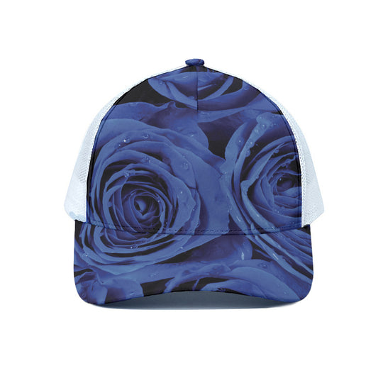 Royal Blue Rose Print White Mesh Trucker Cap