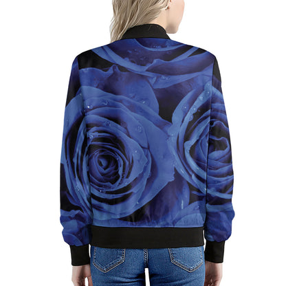 Royal Blue Rose Print Women's Bomber Jacket