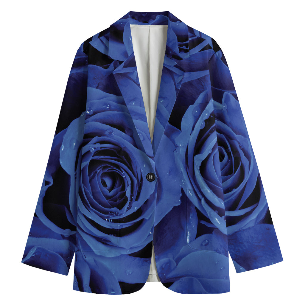 Royal Blue Rose Print Women's Cotton Blazer