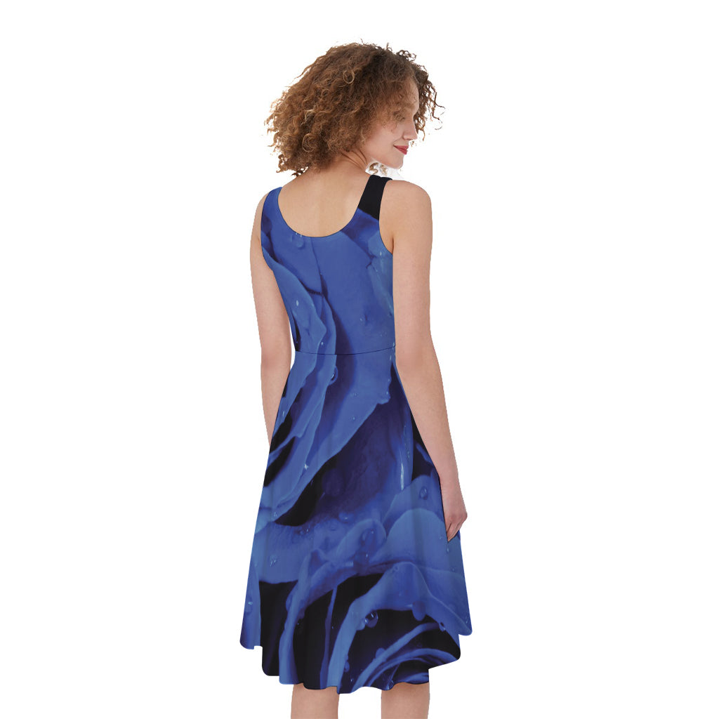Royal Blue Rose Print Women's Sleeveless Dress