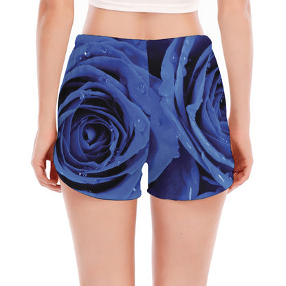 Royal Blue Rose Print Women's Split Running Shorts