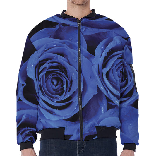 Royal Blue Rose Print Zip Sleeve Bomber Jacket