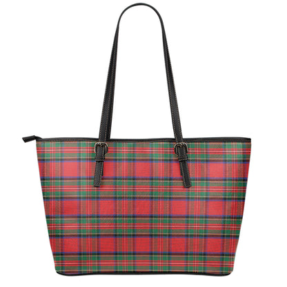 Royal Stewart Tartan Pattern Print Leather Tote Bag
