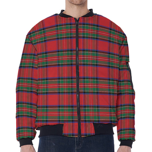 Royal Stewart Tartan Pattern Print Zip Sleeve Bomber Jacket