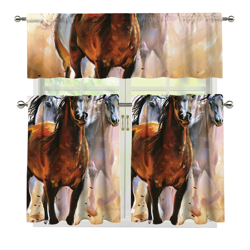 Running Horses Painting Print 3 Piece Kitchen Curtains