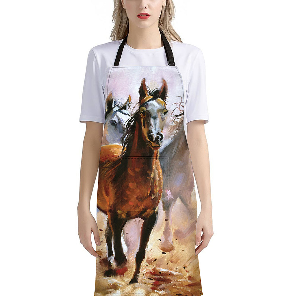 Running Horses Painting Print Bib Apron With Pocket