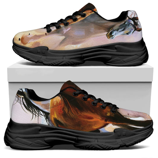 Running Horses Painting Print Black Chunky Shoes