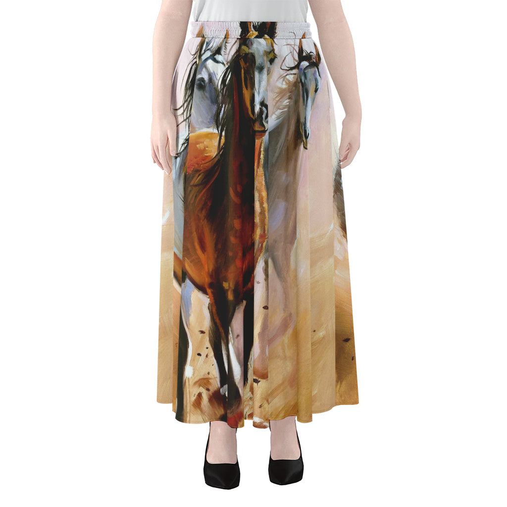 Running Horses Painting Print Chiffon Maxi Skirt