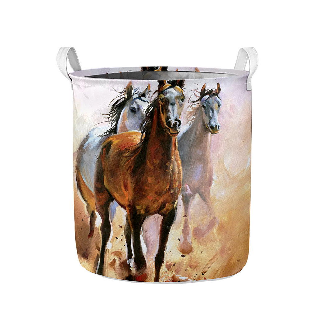 Running Horses Painting Print Collapsible Laundry Basket