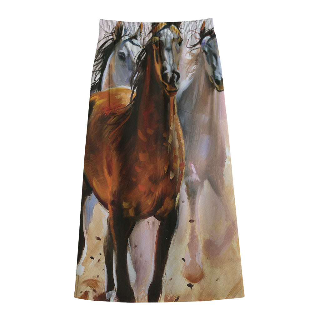 Running Horses Painting Print Cotton Front Slit Maxi Skirt