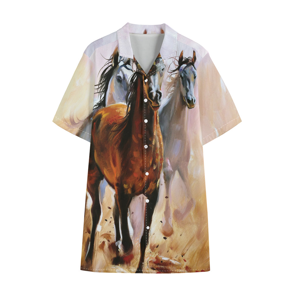 Running Horses Painting Print Cotton Hawaiian Shirt