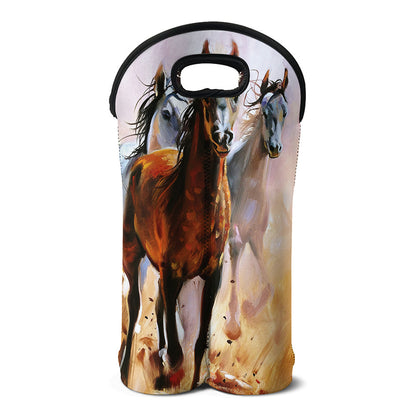 Running Horses Painting Print Double Neoprene Wine Tote