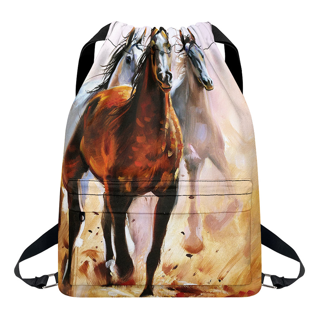 Running Horses Painting Print Drawstring Backpack