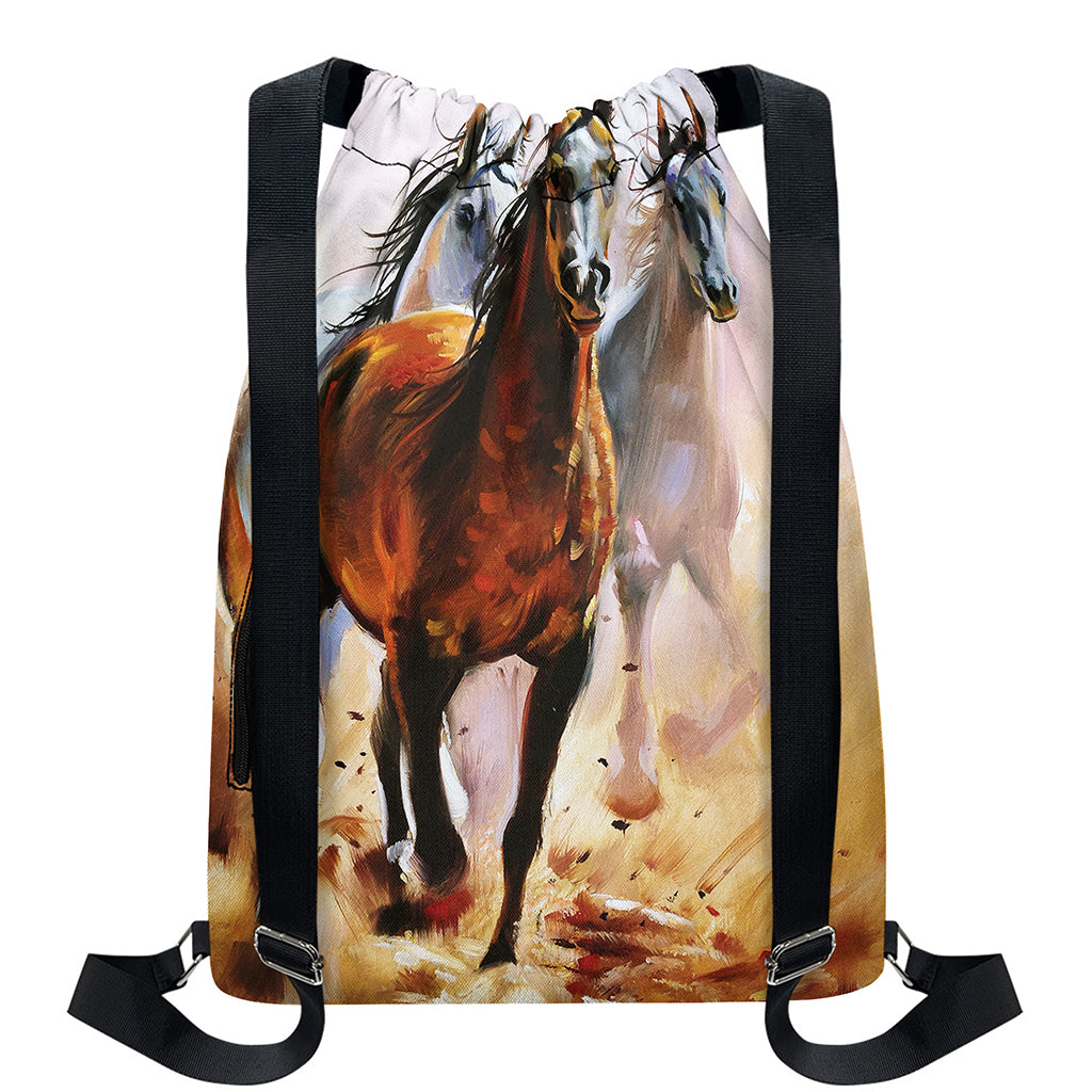 Running Horses Painting Print Drawstring Backpack