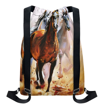 Running Horses Painting Print Drawstring Backpack