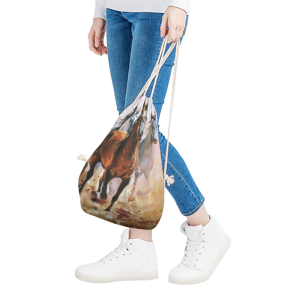 Running Horses Painting Print Drawstring Bag