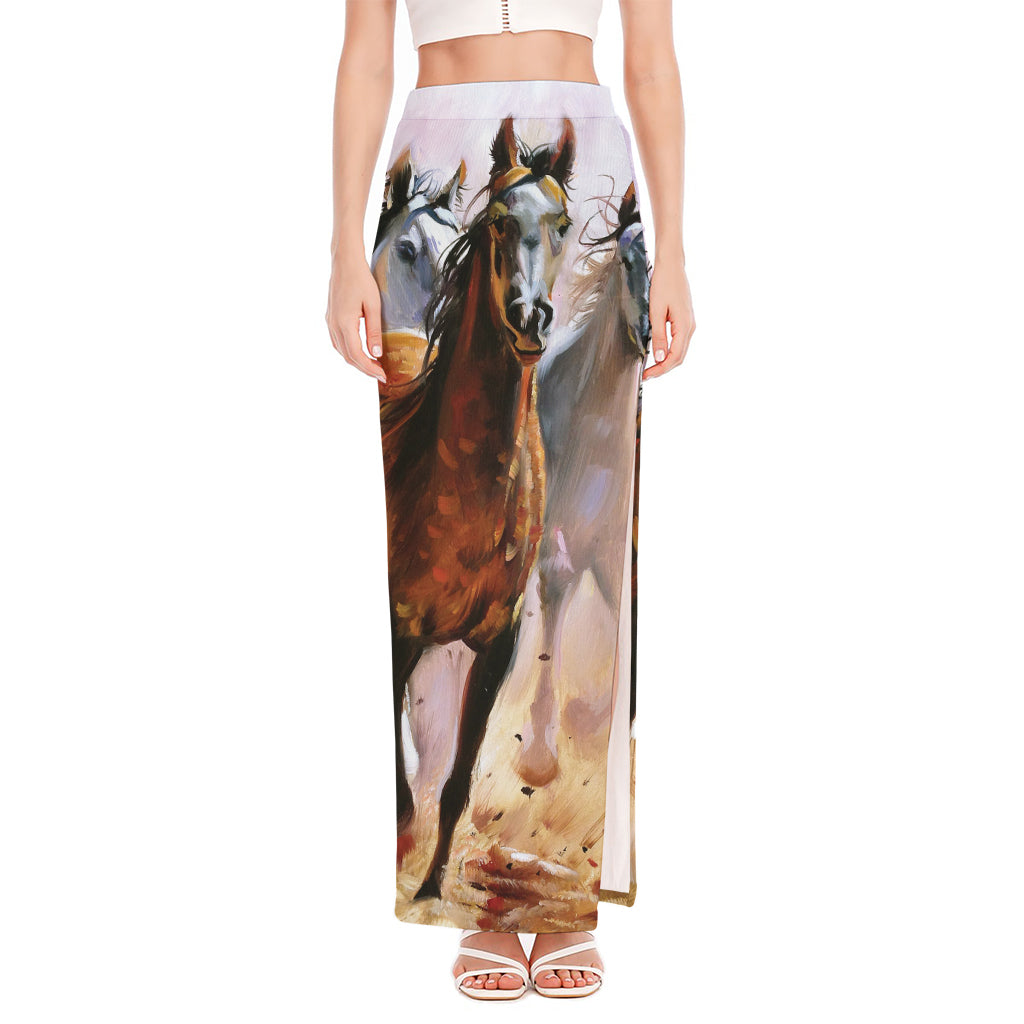 Running Horses Painting Print High Slit Maxi Skirt