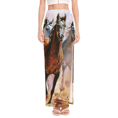 Running Horses Painting Print High Slit Maxi Skirt